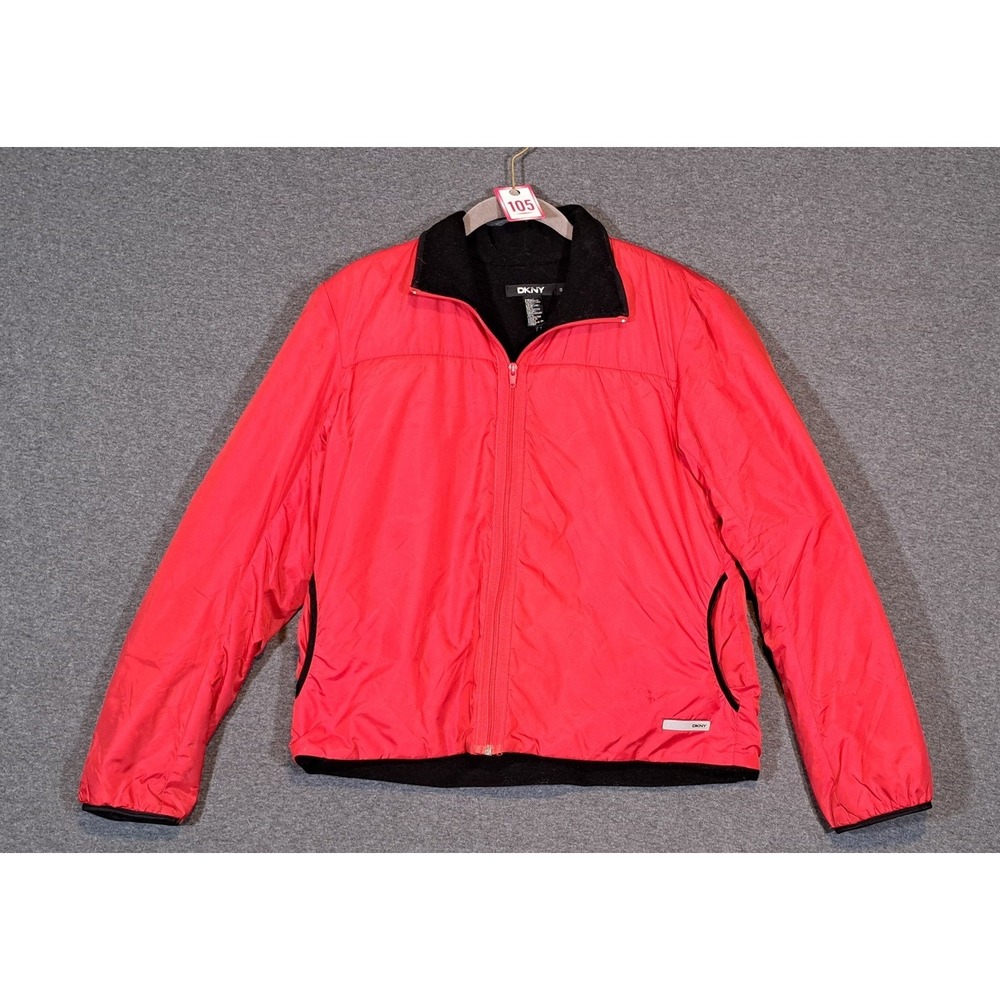 DKNY Womens Red Lightweight Full Zip Puffer Jacket Fleece Lined Collar Small